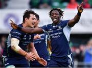 22 September 2018; Niyi Adeolokun of Connacht, right, celebrates with team-mates after scoring his side's third try during the Guinness PRO14 Round 4 match between Connacht and Scarlets at the Sportsground in Galway. Photo by Seb Daly/Sportsfile