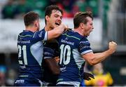 22 September 2018; Niyi Adeolokun of Connacht, hidden, celebrates with team-mates, from left, Caolin Blade, Quinn Roux, and Jack Carty after scoring his side's third try during the Guinness PRO14 Round 4 match between Connacht and Scarlets at the Sportsground in Galway. Photo by Seb Daly/Sportsfile
