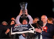 22 September 2018; The winning connections of Ballyanne Sim including trainer James Robinson, right, and owner Eamon Cleary lifting the cup after winning the 2018 Irish Greyhound Derby at Shelbourne Park in Dublin. Photo by Harry Murphy/Sportsfile