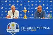 24 September 2018; USA captain Jim Furyk, left, and Europe captain Thomas Bjørn during a press conference ahead of the Ryder Cup 2018 Matches at Le Golf National in Paris, France. Photo by Ramsey Cardy/Sportsfile