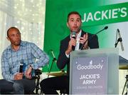 24 September 2018; Former Republic of Ireland players Jason McAteer, right, and Terry Phelan speaking to George Hamilton during the Goodbody Jackie's Army Squad Reunion at The K Club, Straffan, in Co. Kildare. Photo by Eóin Noonan/Sportsfile
