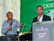 24 September 2018; Former Republic of Ireland players Terry Phelan, left, Jason McAteer speaking to George Hamilton during the Goodbody Jackie's Army Squad Reunion at The K Club, Straffan, in Co. Kildare. Photo by Eóin Noonan/Sportsfile