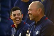 25 September 2018; Europe captain Thomas Bjørn, right, with Rory McIlroy of Europe during the Europe team photocall ahead of the Ryder Cup 2018 Matches at Le Golf National in Paris, France. Photo by Ramsey Cardy/Sportsfile