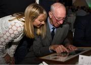 24 September 2018; Rachael Kane of Paddy Power presents Former Republic of Ireland manager Jack Charlton a framed photograph during the Goodbody Jackie's Army Squad Reunion at The K Club, Straffan, in Co. Kildare. Photo by Harry Murphy/Sportsfile