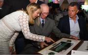 24 September 2018; Rachael Kane of Paddy Power presents Former Republic of Ireland manager Jack Charlton a framed photograph as former Republic of Ireland player David O'Leary looks on during the Goodbody Jackie's Army Squad Reunion at The K Club, Straffan, in Co. Kildare. Photo by Harry Murphy/Sportsfile