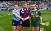 9 September 2018; Referee Alan Doheny with team captains Emer Keenan of Dublin and Jackie Horgan of Kerry before the Liberty Insurance All-Ireland Premier Junior Camogie Championship Final match between Dublin and Kerry at Croke Park in Dublin. Photo by Piaras Ó Mídheach/Sportsfile