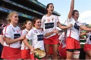 9 September 2018; Cork players, from left, Eimear Hurley, Keeva McCarthy, Caroline Sugrue, Keelagh Cullinane, and Maeve McCarthy, celebrate after the Liberty Insurance All-Ireland Intermediate Camogie Championship Final match between Cork and Down at Croke Park in Dublin. Photo by Piaras Ó Mídheach/Sportsfile