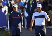 25 September 2018; Tiger Woods, left, and Bryson DeChambeau of USA during a practice round ahead of the Ryder Cup 2018 Matches at Le Golf National in Paris, France. Photo by Ramsey Cardy/Sportsfile