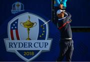 25 September 2018; Tiger Woods of USA watches his shot from the 1st tee during a practice round ahead of the Ryder Cup 2018 Matches at Le Golf National in Paris, France. Photo by Ramsey Cardy/Sportsfile