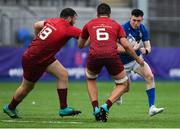 8 September 2018; Mark O’Brien of Leinster in action against Shane O’Driscoll, left, and Evan Murphy of Munster during the U19 Interprovincial Championship match between Leinster and Munster at Energia Park in Dublin. Photo by Piaras Ó Mídheach/Sportsfile
