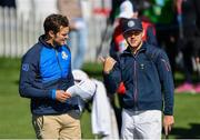 25 September 2018; Actor Jamie Dornan of Europe, left, and singer Niall Horan of Europe during the Celebrity Matches prior to the Ryder Cup 2018 Matches at Le Golf National in Paris, France. Photo by Ramsey Cardy/Sportsfile