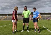 25 August 2018; Referee Séamus Mulvihill with team captains Tracey Leonard of Galway and Niamh McEvoy of Dublin before the TG4 All-Ireland Ladies Football Senior Championship Semi-Final match between Dublin and Galway at Dr Hyde Park in Roscommon. Photo by Piaras Ó Mídheach/Sportsfile