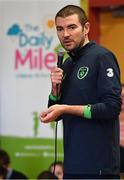 25 September 2018; Minister of State for Tourism and Sport Brendan Griffin T.D, speaking during the The Daily Mile Media Day at Scoil Muire Gan Smal in Inchicore, Dublin. Photo by Seb Daly/Sportsfile