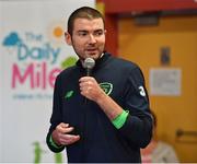 25 September 2018; Minister of State for Tourism and Sport Brendan Griffin T.D, speaking during the The Daily Mile Media Day at Scoil Muire Gan Smal in Inchicore, Dublin. Photo by Seb Daly/Sportsfile