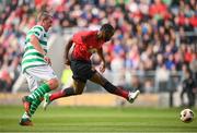 25 September 2018; Louis Saha of Manchester United Legends scores his side's second goal despite the attempts of Richard Dunne of Republic of Ireland & Celtic Legends during the Liam Miller Memorial match between Manchester United Legends and Republic of Ireland & Celtic Legends at Páirc Uí Chaoimh in Cork. Photo by Stephen McCarthy/Sportsfile