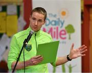 25 September 2018; 2013 Dublin Marathon winner and teacher at Scoil Muire Gan Smal Sean Hehir speaking during the The Daily Mile Media Day at Scoil Muire Gan Smal in Inchicore, Dublin. Photo by Seb Daly/Sportsfile