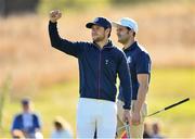 25 September 2018; Singer Niall Horan, left, with actor Jamie Dornan of Europe during the Celebrity Matches prior to the Ryder Cup 2018 Matches at Le Golf National in Paris, France. Photo by Ramsey Cardy/Sportsfile