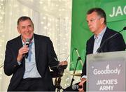 24 September 2018; Former Republic of Ireland players Packie Boner and David O'Leary speaking to George Hamilton during the Goodbody Jackie's Army Squad Reunion at The K Club, Straffan, in Co. Kildare. Photo by Eóin Noonan/Sportsfile