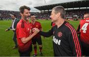 25 September 2018; Roy Keane, left, and Denis Irwin of Manchester United Legends following the Liam Miller Memorial match between Manchester United Legends and Republic of Ireland & Celtic Legends at Páirc Uí Chaoimh in Cork. Photo by Stephen McCarthy/Sportsfile