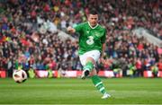 25 September 2018; Ian Harte of Republic of Ireland & Celtic Legends reacts takes a penalty in a shoot-out during the Liam Miller Memorial match between Manchester United Legends and Republic of Ireland & Celtic Legends at Páirc Uí Chaoimh in Cork. Photo by David Fitzgerald/Sportsfile