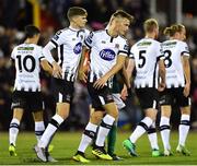25 September 2018; Daniel Cleary of Dundalk, centre, is congratulated by team-mate Sean Gannon after scoring his side's first goal during the SSE Airtricity League Premier Division match between Dundalk and Derry City at Oriel Park in Dundalk, Co Louth. Photo by Seb Daly/Sportsfile