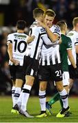 25 September 2018; Daniel Cleary of Dundalk, right, is congratulated by team-mate Sean Gannon after scoring his side's first goal during the SSE Airtricity League Premier Division match between Dundalk and Derry City at Oriel Park in Dundalk, Co Louth. Photo by Seb Daly/Sportsfile