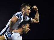 25 September 2018; Patrick Hoban of Dundalk, bottom, celebrates with team-mate Patrick McEleney after scoring his side's third goal during the SSE Airtricity League Premier Division match between Dundalk and Derry City at Oriel Park in Dundalk, Co Louth. Photo by Seb Daly/Sportsfile