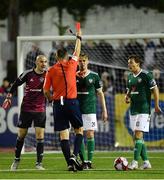 25 September 2018; Kevin McHattie of Derry City, 29, is shown a red card by referee Paul McLaughlin during the SSE Airtricity League Premier Division match between Dundalk and Derry City at Oriel Park in Dundalk, Co Louth. Photo by Seb Daly/Sportsfile