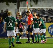25 September 2018; Kevin McHattie of Derry City, 29, is shown a red card by referee Paul McLaughlin during the SSE Airtricity League Premier Division match between Dundalk and Derry City at Oriel Park in Dundalk, Co Louth. Photo by Seb Daly/Sportsfile