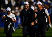 26 September 2018; Golfers, from left, Sergio García, Jon Rahm and Justin Rose of Europe makes their way down the first fairway during a practice round prior to the Ryder Cup 2018 Matches at Le Golf National in Paris, France. Photo by Ramsey Cardy/Sportsfile