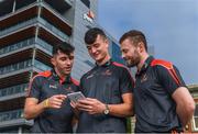 26 September 2018; PwC GAA/GPA Players of the All-Ireland Finals in football, Jack McCaffrey of Dublin, and hurler, Kyle Hayes of Limerick, were on hand to help launch the new PwC All Stars App and pick up their respective awards. Aaron Gillane was also in attendance to receive his hurling award for August. The players were joined by Uachtarán Chumann Lúthcleas Gael, John Horan, Enda Mc Donagh, Partner and Head of Assurance, PwC Ireland, and GPA National Executive Committee member, Colin Moran. The event took place at PwC on Spencer Dock in Dublin. Picured are, from left, Limerick hurlers Aaron Gillane and Kyles Hayes with Dublin footballer Jack McCaffrey using the new PwC All Stars App. Photo by Piaras Ó Mídheach/Sportsfile
