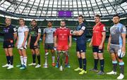 26 September 2018; In attendance during the 2018/19 Heineken Champions Cup and Challenge Cup launch are, from left, Luke Hamilton of Edinburgh, Jordi Murphy of Ulster, Callum Gibbins of Glasgow Warriors, Jarrad Butler of Connacht, Ken Owens of Scarlets, Jonathan Sexton of Leinster, Peter O’Mahony of Munster and Ellis Jenkins of Cardiff Blues at the Aviva Stadium in Dublin. Photo by Sam Barnes/Sportsfile