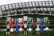 26 September 2018; SSE Airtricity League players, from left, Gavin Peers of Derry City FC, David Cawley of Sligo Rovers, Killian Brouder of Limerick, Ian Bermingham of St Patrick’s Athletic, Daniel Cleary of Dundalk, Colm Horgan of Cork City, Darragh Leahy of Bohemians, Lee Grace of Shamrock Rovers, Derek Daly of Waterford FC and Hughie Douglas of Bray Wanderers at the launch of the FIFA 19 SSE Airtricity League Club Packs, in the Aviva Stadium, available from https://www.easports.com/uk/fifa/club-packs when the game launches this Friday 28th September! Featuring the individual club crest of all 10 Premier Division teams, €1 will be donated to the Liam Miller fund for every free sleeve download from Friday 28th September – Friday 5th October. Photo by Stephen McCarthy/Sportsfile