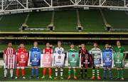 26 September 2018; SSE Airtricity League players, from left, Gavin Peers of Derry City FC, David Cawley of Sligo Rovers, Killian Brouder of Limerick, Ian Bermingham of St Patrick’s Athletic, Daniel Cleary of Dundalk, Colm Horgan of Cork City, Darragh Leahy of Bohemians, Lee Grace of Shamrock Rovers, Derek Daly of Waterford FC and Hughie Douglas of Bray Wanderers at the launch of the FIFA 19 SSE Airtricity League Club Packs, in the Aviva Stadium, available from https://www.easports.com/uk/fifa/club-packs when the game launches this Friday 28th September! Featuring the individual club crest of all 10 Premier Division teams, €1 will be donated to the Liam Miller fund for every free sleeve download from Friday 28th September – Friday 5th October. Photo by Stephen McCarthy/Sportsfile