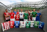 26 September 2018; SSE Airtricity League players, from left, Gavin Peers of Derry City FC, David Cawley of Sligo Rovers, Killian Brouder of Limerick, Ian Bermingham of St Patrick’s Athletic, Daniel Cleary of Dundalk, Colm Horgan of Cork City, Darragh Leahy of Bohemians, Lee Grace of Shamrock Rovers, Hughie Douglas of Bray Wanderers and Derek Daly of Waterford FC at the launch of the FIFA 19 SSE Airtricity League Club Packs, in the Aviva Stadium, available from https://www.easports.com/uk/fifa/club-packs when the game launches this Friday 28th September! Featuring the individual club crest of all 10 Premier Division teams, €1 will be donated to the Liam Miller fund for every free sleeve download from Friday 28th September – Friday 5th October. Photo by Stephen McCarthy/Sportsfile