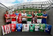 26 September 2018; SSE Airtricity League players, from left, Gavin Peers of Derry City FC, David Cawley of Sligo Rovers, Killian Brouder of Limerick, Ian Bermingham of St Patrick’s Athletic, Daniel Cleary of Dundalk, Colm Horgan of Cork City, Darragh Leahy of Bohemians, Lee Grace of Shamrock Rovers, Hughie Douglas of Bray Wanderers and Derek Daly of Waterford FC at the launch of the FIFA 19 SSE Airtricity League Club Packs, in the Aviva Stadium, available from https://www.easports.com/uk/fifa/club-packs when the game launches this Friday 28th September! Featuring the individual club crest of all 10 Premier Division teams, €1 will be donated to the Liam Miller fund for every free sleeve download from Friday 28th September – Friday 5th October. Photo by Stephen McCarthy/Sportsfile