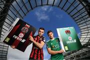 26 September 2018; Darragh Leahy of Bohemians and Colm Horgan of Cork City at the launch of the FIFA 19 SSE Airtricity League Club Packs, in the Aviva Stadium, available from https://www.easports.com/uk/fifa/club-packs when the game launches this Friday 28th September! Featuring the individual club crest of all 10 Premier Division teams, €1 will be donated to the Liam Miller fund for every free sleeve download from Friday 28th September – Friday 5th October. Photo by Stephen McCarthy/Sportsfile