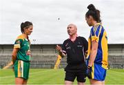 25 August 2018; Referee Gus Chapman with team captains Niamh O'Sullivan of Meath and Sinéad Kenny of Roscommon before the TG4 All-Ireland Ladies Football Intermediate Championship Semi-Final match between Meath and Roscommon at Dr Hyde Park in Roscommon. Photo by Piaras Ó Mídheach/Sportsfile