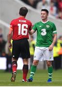 25 September 2018; Robbie Keane of Republic of Ireland & Celtic Legends, right, and Roy Keane of Manchester United Legends during the Liam Miller Memorial match between Manchester United Legends and Republic of Ireland & Celtic Legends at Páirc Uí Chaoimh in Cork. Photo by David Fitzgerald/Sportsfile
