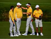 27 September 2018; Europe captain Thomas Bjørn, second from left, with, from left, Rory McIlroy and Ian Poulter of Europe alongside caddie Harry Diamond on the 10th fairway during a practice round prior to the Ryder Cup 2018 Matches at Le Golf National in Paris, France. Photo by Ramsey Cardy/Sportsfile