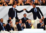 27 September 2018; Brooks Koepka, left, and Tony Finau of USA during the Opening Ceremony prior to the Ryder Cup 2018 Matches at Le Golf National in Paris, France. Photo by Ramsey Cardy/Sportsfile