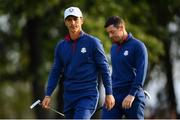 28 September 2018; Thorbjørn Olesen, left, and Rory McIlroy of Europe during their Fourball Match against Dustin Johnson and Rickie Fowler of USA during the Ryder Cup 2018 Matches at Le Golf National in Paris, France. Photo by Ramsey Cardy/Sportsfile