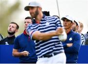 28 September 2018; Rory McIlroy, left, and Thorbjørn Olesen of Europe watch a tee shot from Dustin Johnson during their Fourball Match against Dustin Johnson and Rickie Fowler of USA during the Ryder Cup 2018 Matches at Le Golf National in Paris, France. Photo by Ramsey Cardy/Sportsfile