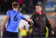 28 September 2018; Dundalk manager Stephen Kenny and Greg Sloggett of UCD following the Irish Daily Mail FAI Cup Semi-Final match between Dundalk and UCD at Oriel Park in Dundalk, Co Louth. Photo by Stephen McCarthy/Sportsfile