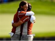 29 September 2018; Tommy Fleetwood, left, and Francesco Molinari of Europe celebrate after winning their Fourball Match against Tiger Woods and Patrick Reed of USA during the Ryder Cup 2018 Matches at Le Golf National in Paris, France. Photo by Ramsey Cardy/Sportsfile