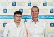 29 September 2018; John Ball of Clane, Kildare, and Kildare manager Padraig Carbury on their arrival at the 2018 Electric Ireland Minor Star Awards. The Hurling/Football Team of the Year was selected by an expert panel of GAA legends including Ollie Canning, Sean Cavanagh, Michael Fennelly and Daniel Goulding. Sponsors of the GAA Minor Championships, Electric Ireland today recognised the talent and dedication of 15 Minor football players, and 15 Minor hurling players at the second annual Electric Ireland Minor Star Awards at Croke Park. #GAAThisIsMajor Photo by Stephen McCarthy/Sportsfile