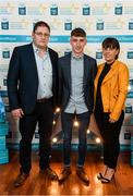 29 September 2018; Matthew Cooley of Corofin, Galway, with father Brian and mother Helen on their arrival at the 2018 Electric Ireland Minor Star Awards. The Hurling/Football Team of the Year was selected by an expert panel of GAA legends including Ollie Canning, Sean Cavanagh, Michael Fennelly and Daniel Goulding. Sponsors of the GAA Minor Championships, Electric Ireland today recognised the talent and dedication of 15 Minor football players, and 15 Minor hurling players at the second annual Electric Ireland Minor Star Awards at Croke Park. #GAAThisIsMajor Photo by Stephen McCarthy/Sportsfile