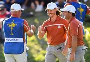 29 September 2018; Tommy Fleetwood, centre, and Francesco Molinari of Europe, right, celebrate after winning the 9th hole during his Foursome Match against Tiger Woods and Bryson DeChambeau of USA during the Ryder Cup 2018 Matches at Le Golf National in Paris, France. Photo by Ramsey Cardy/Sportsfile