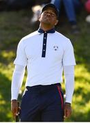 29 September 2018; Tiger Woods of USA reacts after missing a putt on the 9th green during his Foursome Match against Francesco Molinari and Tommy Fleetwood of Europe during the Ryder Cup 2018 Matches at Le Golf National in Paris, France. Photo by Ramsey Cardy/Sportsfile
