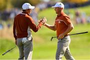 29 September 2018; Alex Norén of Europe celebrates with Sergio García, left, after making a putt on the 5th green during his Foursome Match against Bubba Watson and Webb Simpson of USA during the Ryder Cup 2018 Matches at Le Golf National in Paris, France. Photo by Ramsey Cardy/Sportsfile